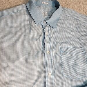 Bugatchi Shirt Mens Sz XXL Linen Blue Gingham Long Sleeve‎ Luxury Casual Resort